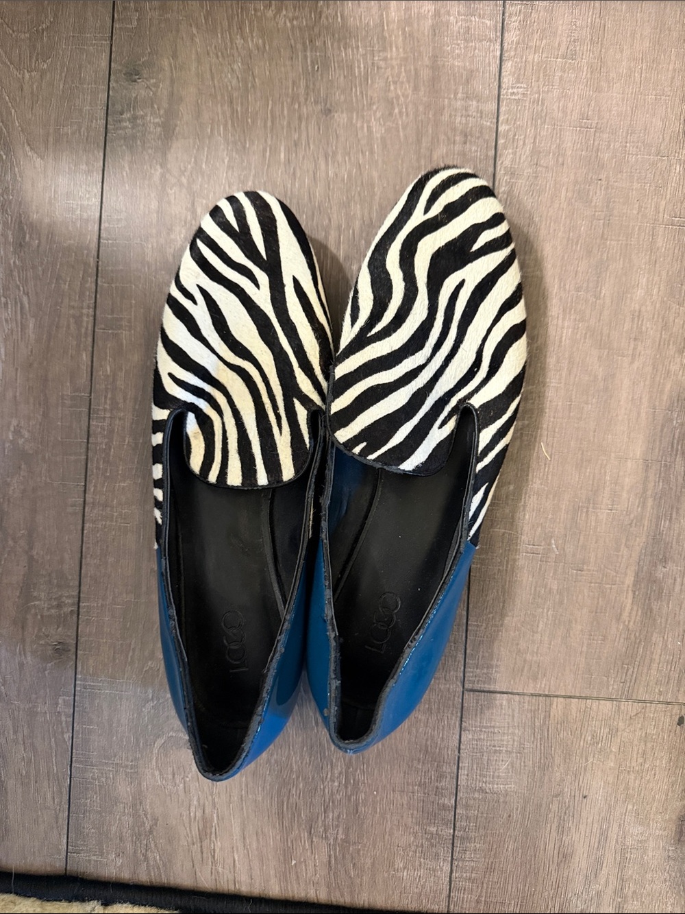 LOGO 7 Black and White Zebra Print Slip-On Flats with Blue Sides